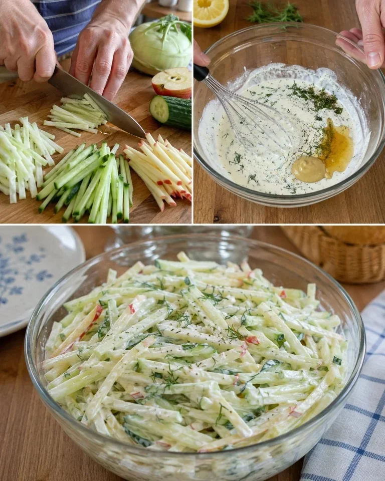 Kohlrabi-Apfel-Salat s citrónovo-dillovou smotanou na tanieri
