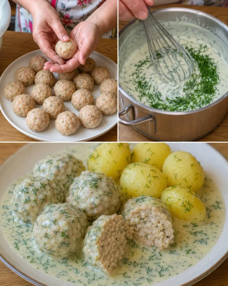 Kuracie guľky podávané v jemnej kôprovej omáčke na tanieri