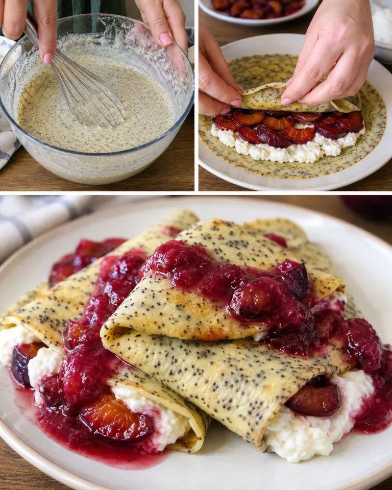 Makové palacinky plnené tvarohom a slivkami na tanieri