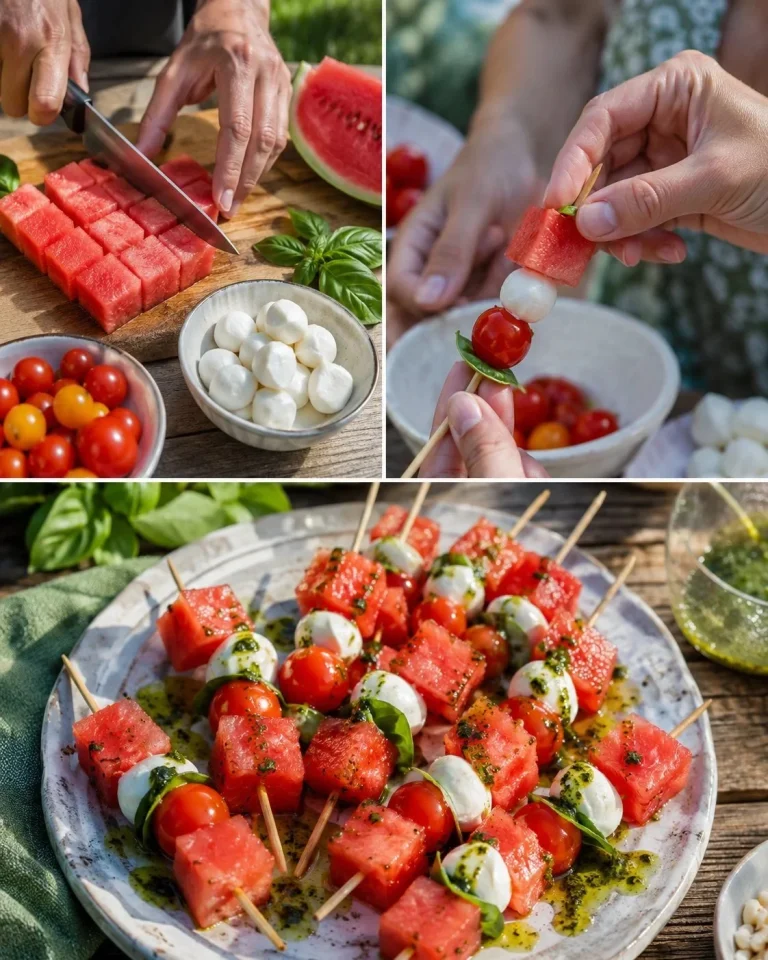 Melón Caprese špízy servírované na tanieri ako letný predkrm