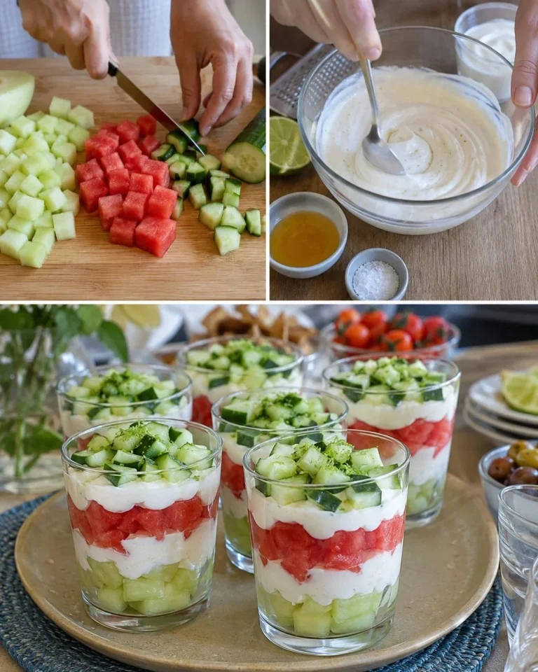Melonen-Gurken-Gläser s limetkovým quarkom, osviežujúci letný dezert