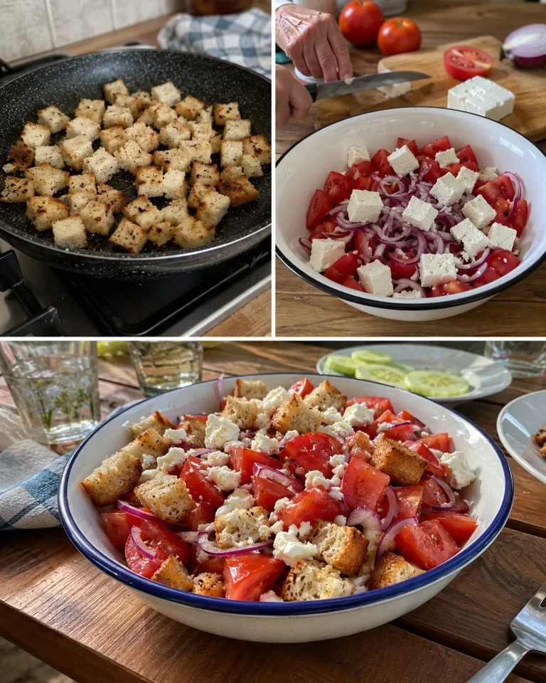 Paradajkový šalát s chlebovými kockami a syrom na tanieri