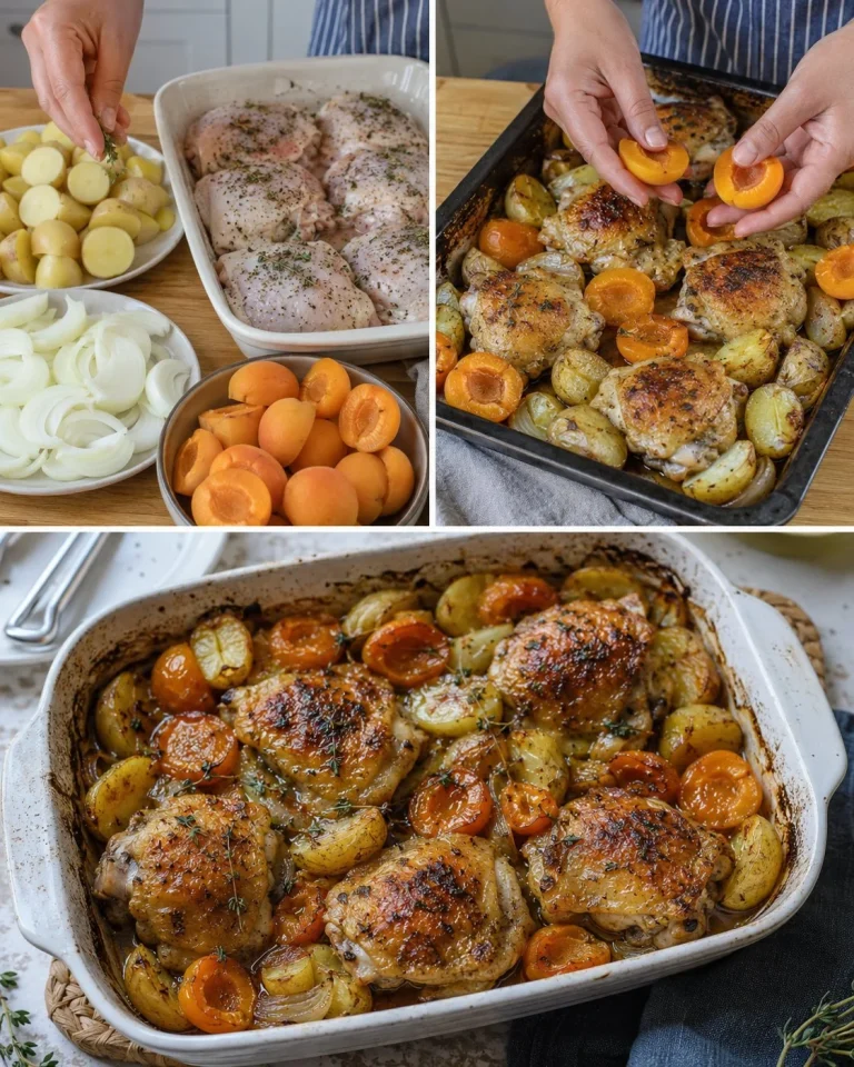 Pečené kuracie stehná s marhuľami a zemiakmi na tanieri