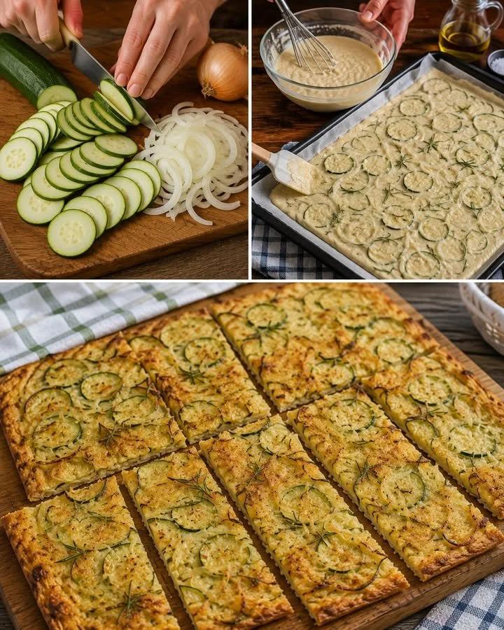 Lahodná torta salata s cuketou a cibuľou na tanieri