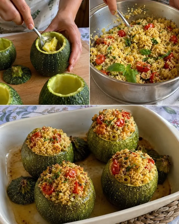 Zucchine ripiene plnené chutným stredomorským mixom, pripravené v kuchyni.