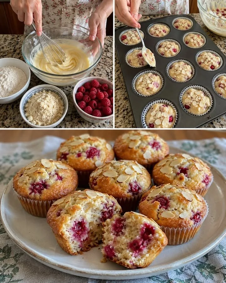 Jemné muffiny s malinami a mandľami na tanieri
