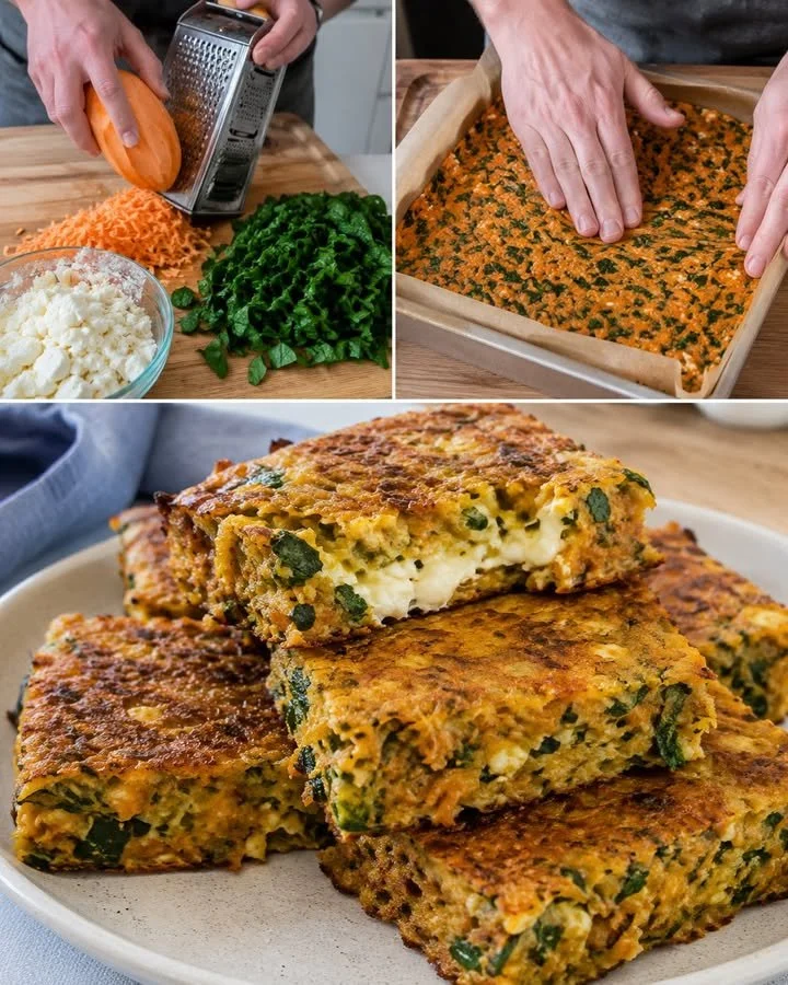 Sladké zemiakové štvorce so špenátom a feta vrstvou na tanieri