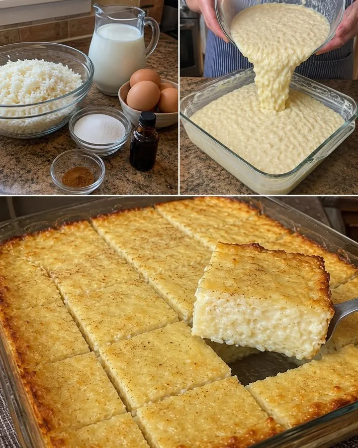 Pečený vanilkový ryžový puding v štvorcoch s krémovým stredom.
