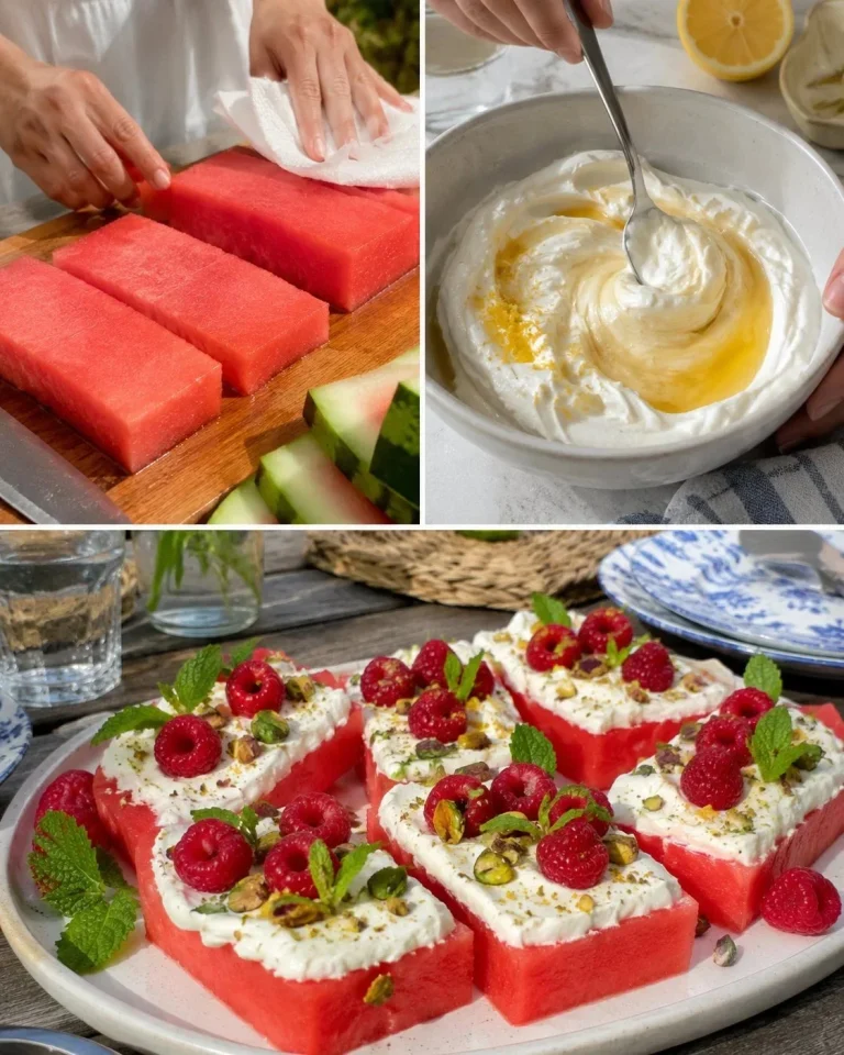 Wassermelonen-Joghurt-Schnitten s čerstvými plátkami melónu a jogurtom.