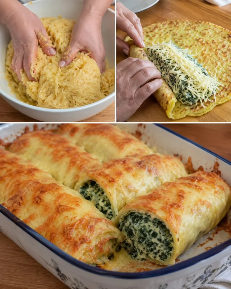 Zapečené zemiakové palacinky so špenátom a syrom podávané na tanieri