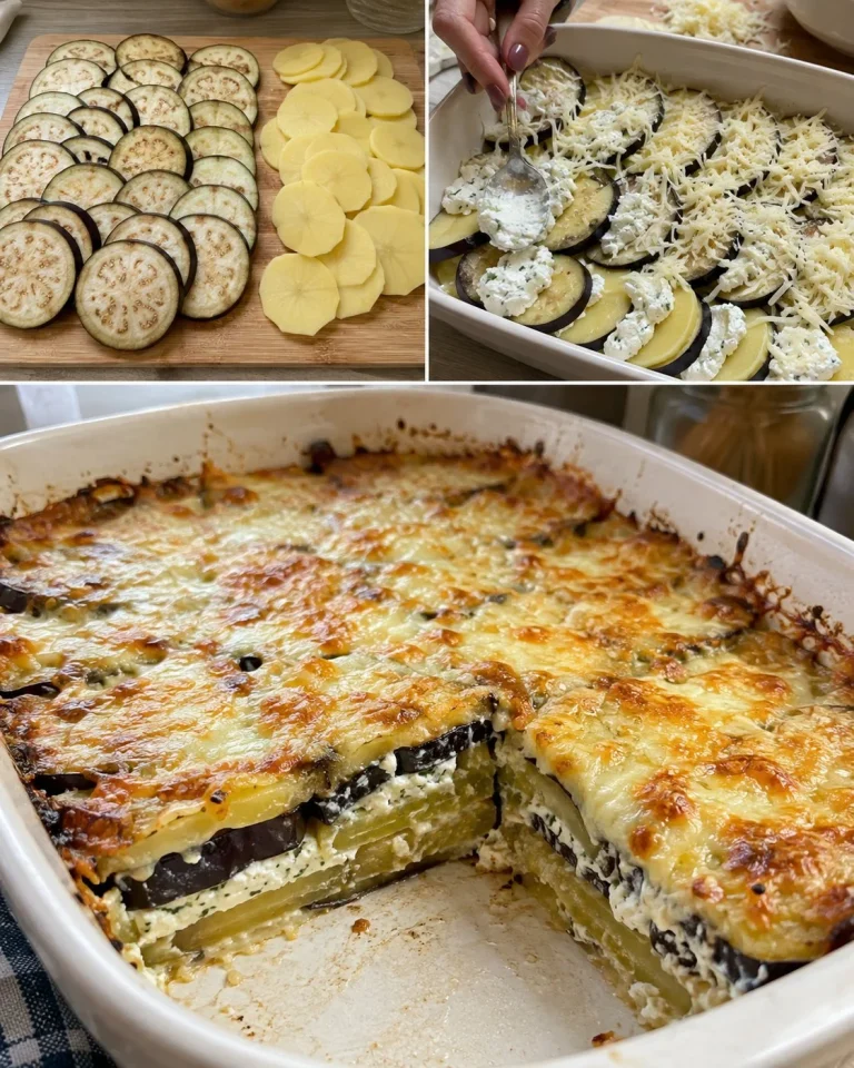 Baklažánový pekáč so zemiakmi, tvarohom a syrom na tanieri