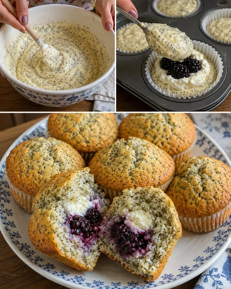 Černicové makové muffiny s tvarohovým stredom na tanieri