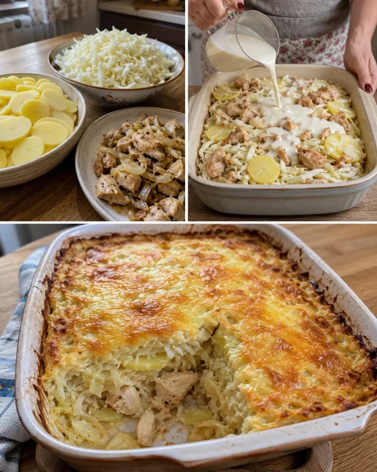 Kapustovo-zemiakový pekáč s kuracím mäsom a smotanou.