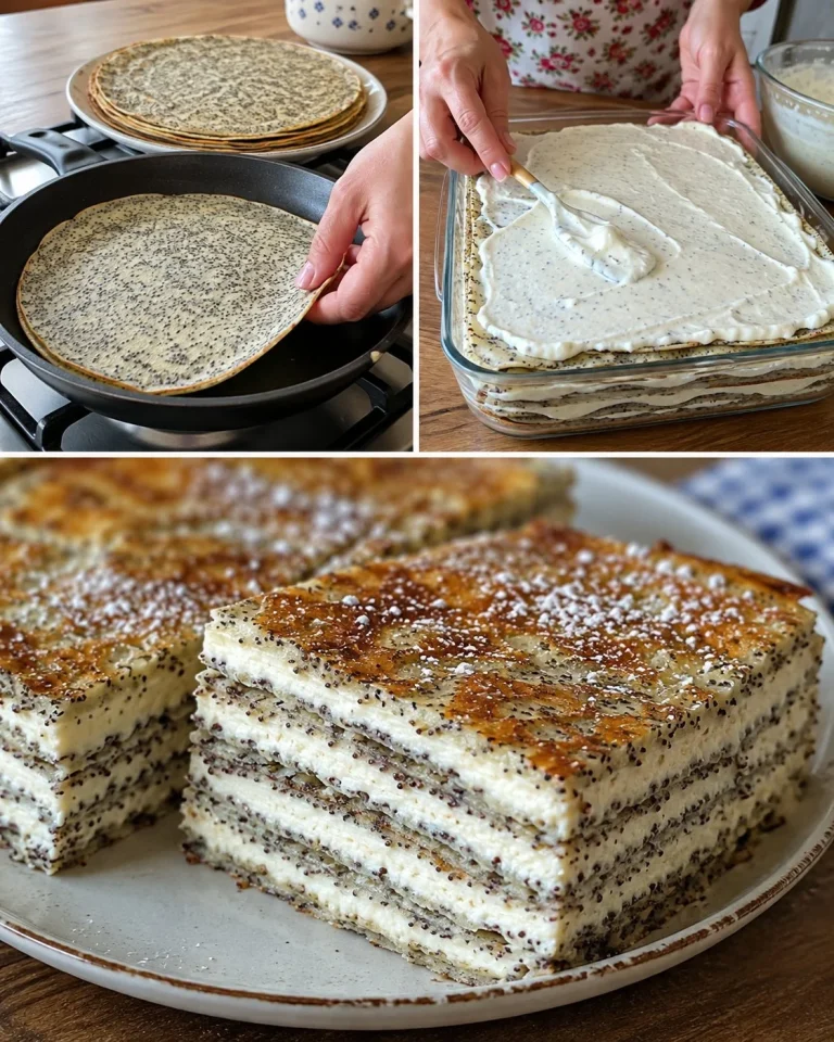 Makové palacinkové rezy s vanilkovým tvarohom na tanieri