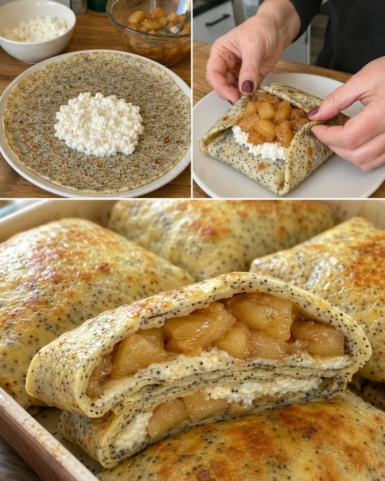 Makové palacinkové taštičky s pečenými jablkami na tanieri