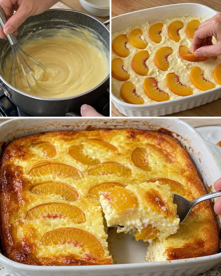 Pečený vanilkový puding s broskyňami a tvarohom na tanieri
