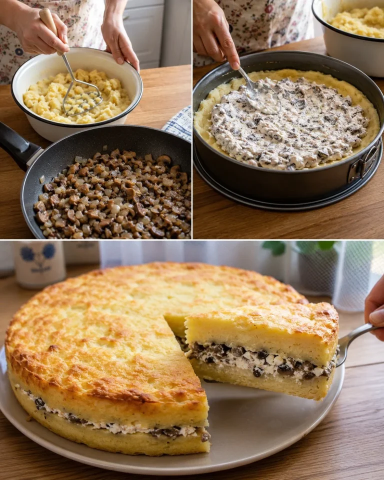 Šampiňónovo-zemiakový koláč s tvarohom na tanieri