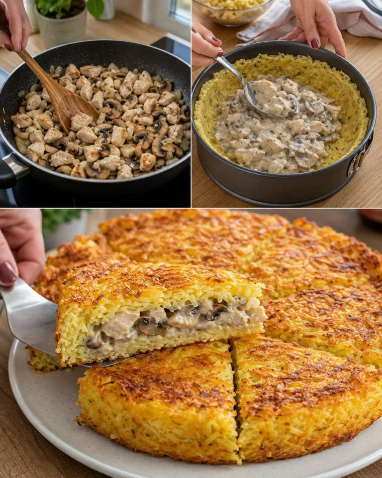 Šampiňónový kurací koláč so zemiakovou kôrkou na tanieri