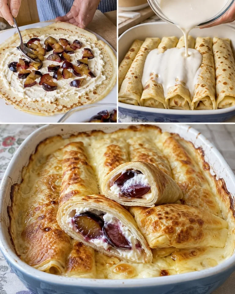 Slivkové palacinkové rolky zapekané s tvarohom na tanieri
