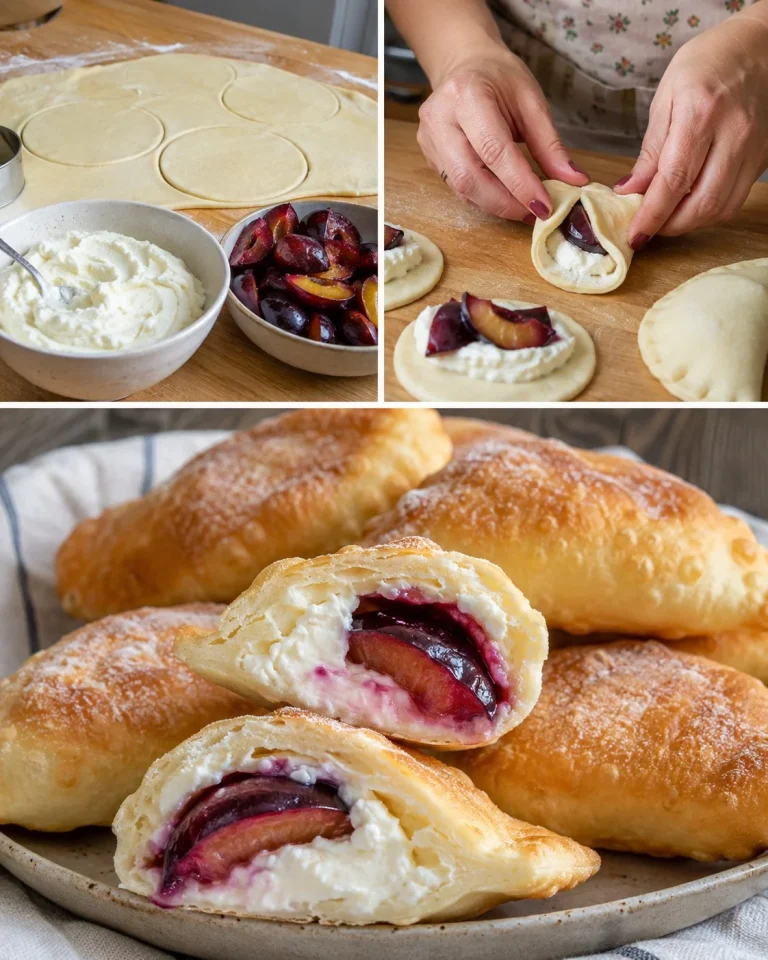 Slivkové pirožky z jogurtového cesta s tvarohovým krémom na tanieri