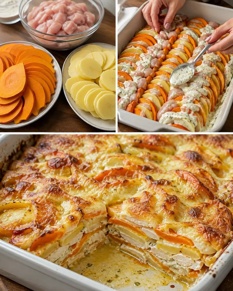 Tekvicovo-zemiakový gratin s kuracím mäsom na tanieri