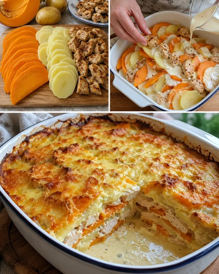 Tekvicovo-zemiakový gratin s kuracím mäsom na tanieri