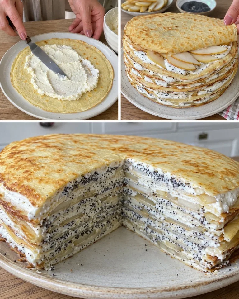 Tvarohová palacinková torta s makom a hruškami na tanieri