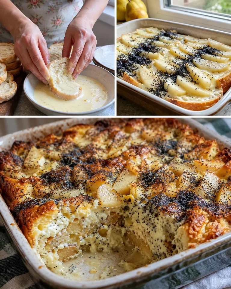 Vanilková žemľovka s hruškami, makom a pudingom na tanieri