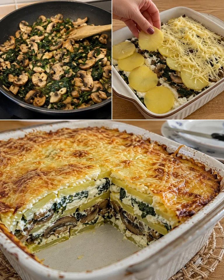Zemiakový nákyp so šampiňónmi, špenátom a tvarohom na tanieri