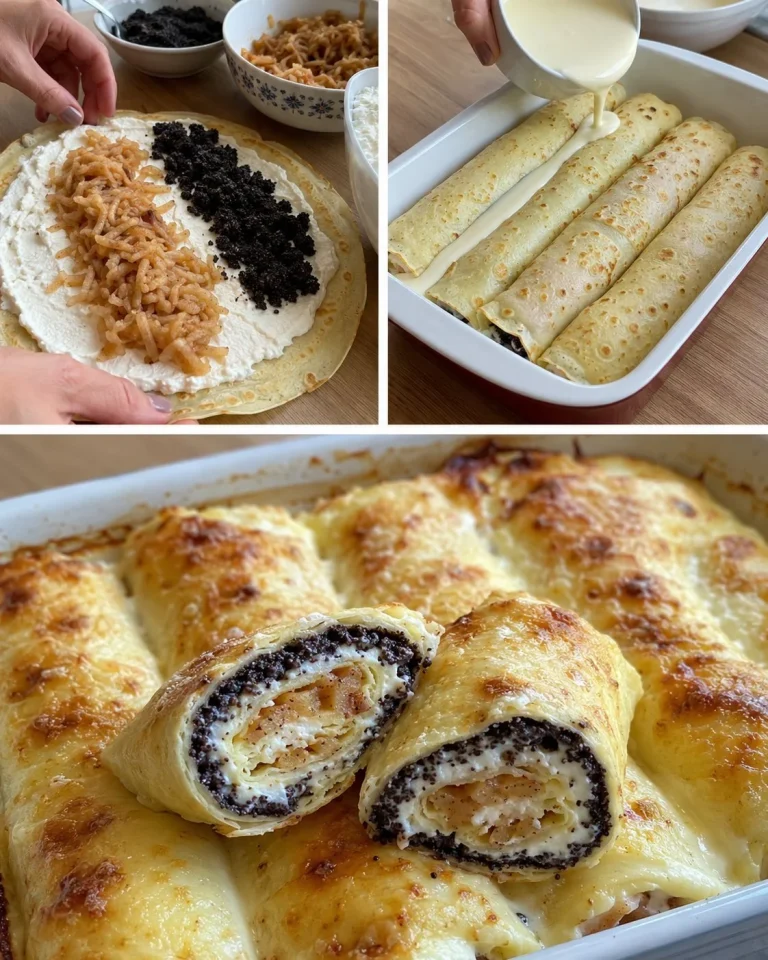 Jablkovo-makové palacinkové rolky pečené v smotane na tanieri