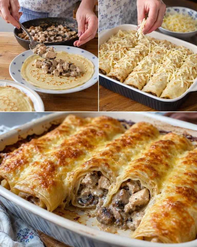 Kuracie hubové palacinky zapekané so syrom pripravené na tanieri.