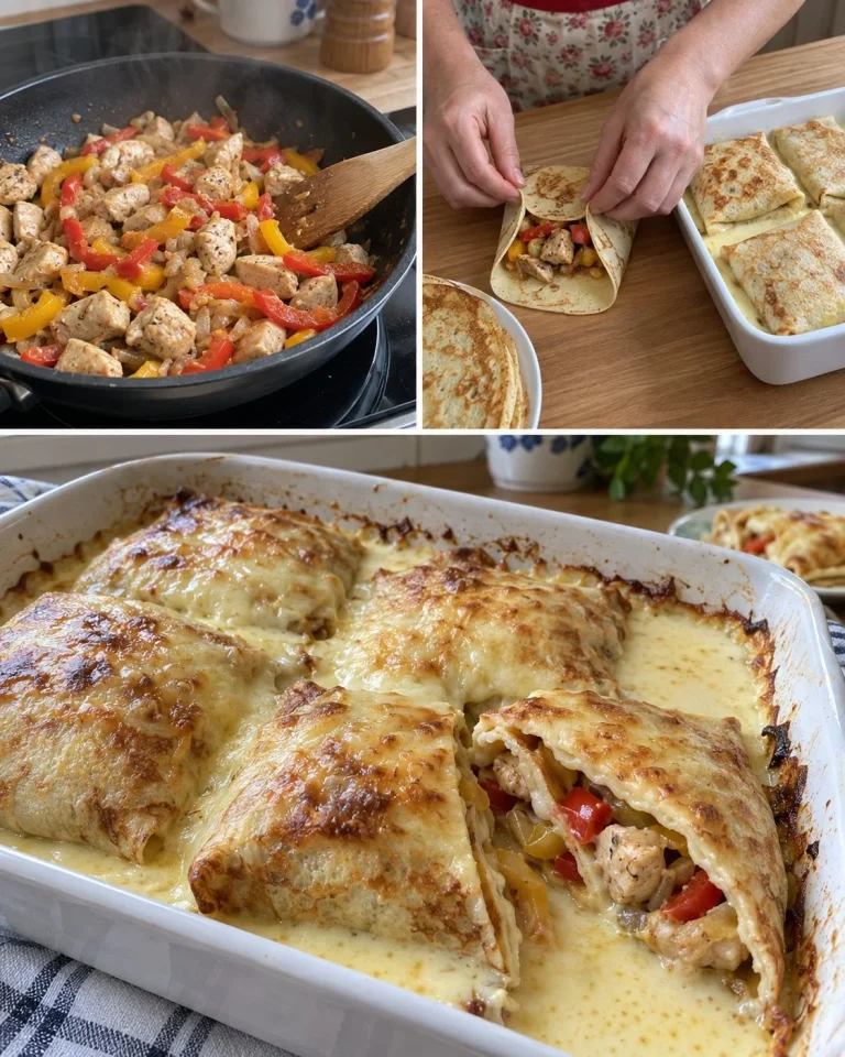 Kuracie palacinkové kapsy s paprikou v syrovej omáčke pripravené na tanieri