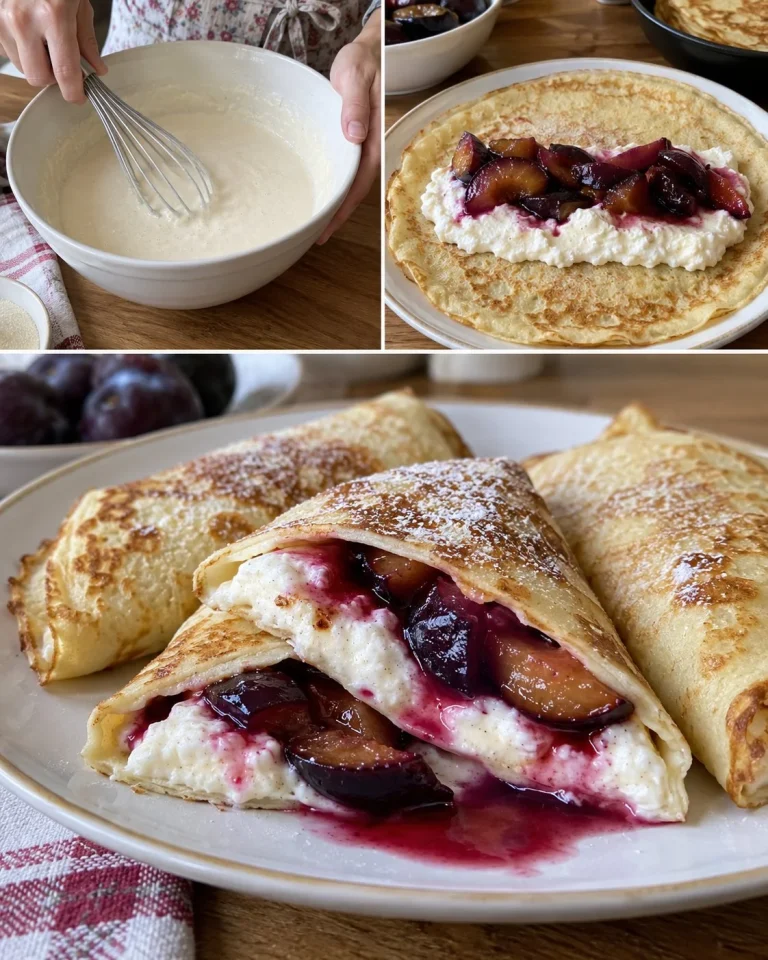Slivkové krupicové palacinky podávané s vanilkovým tvarohom