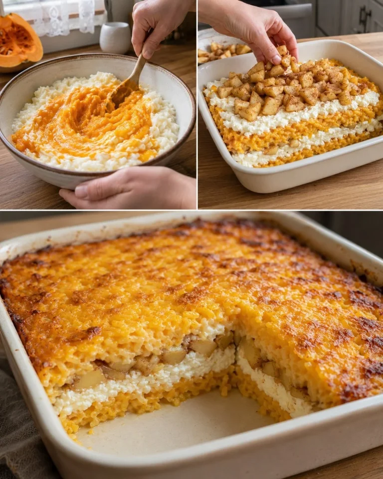 Tekvicový ryžový nákyp s jablkami a tvarohom na tanieri