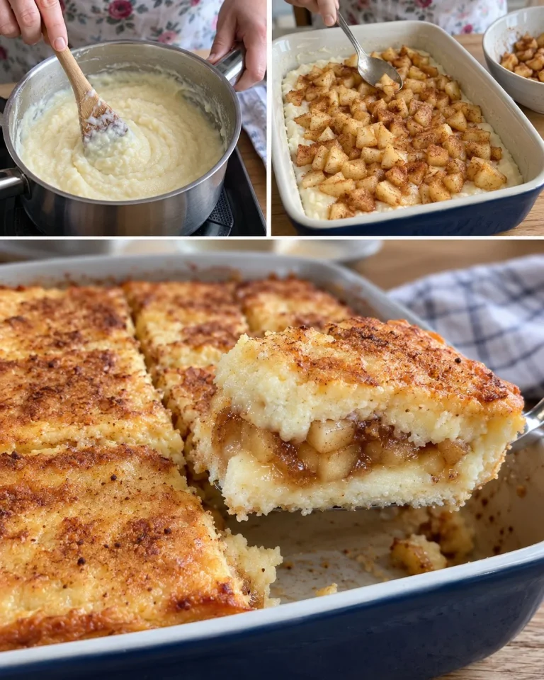 Staromódny nákyp z krupice, jabĺk a tvarohu na tanieri